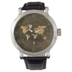 Wooden World Map Armbanduhr