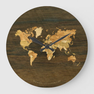 Wooden World Map Große Wanduhr