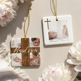 Woodgrain Baptism Calligraphy Photo Collage Baby Keramikornament