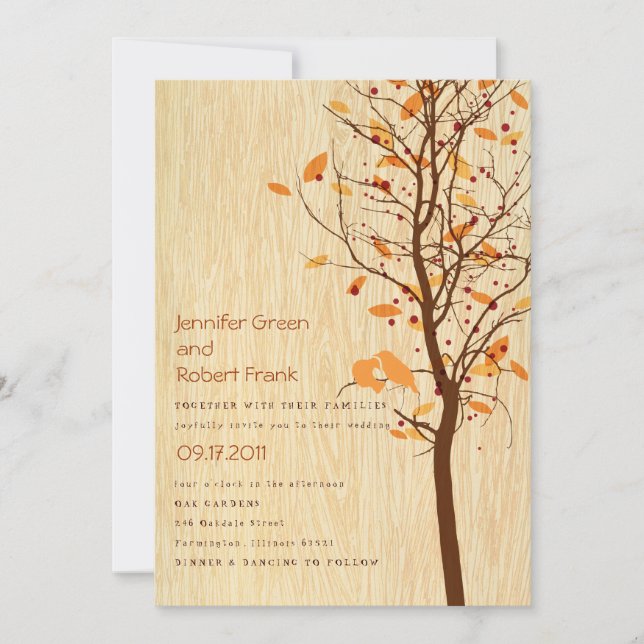 Woodgrain mit Liebe-Vögeln im Baum - Herbst Einladung (Vorderseite)