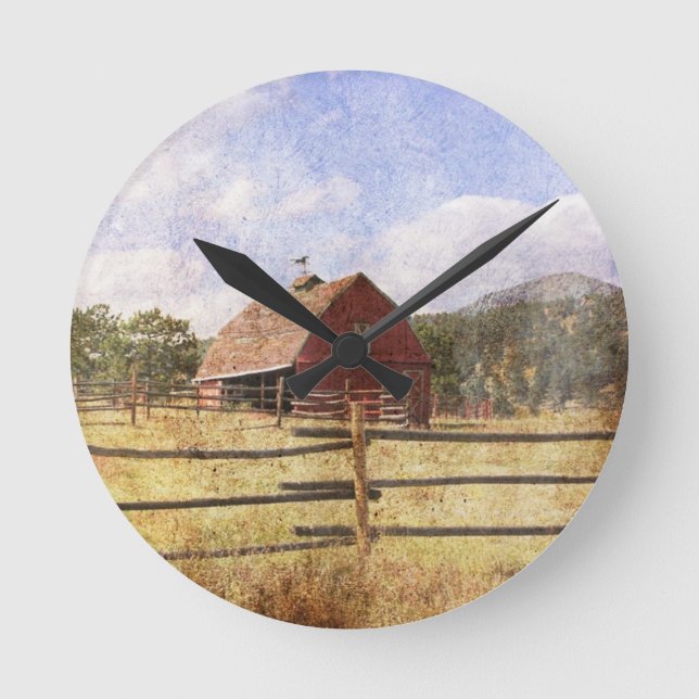 Woodgrain Western Country Farm Primitive Red Barn Runde Wanduhr (Vorderseite)