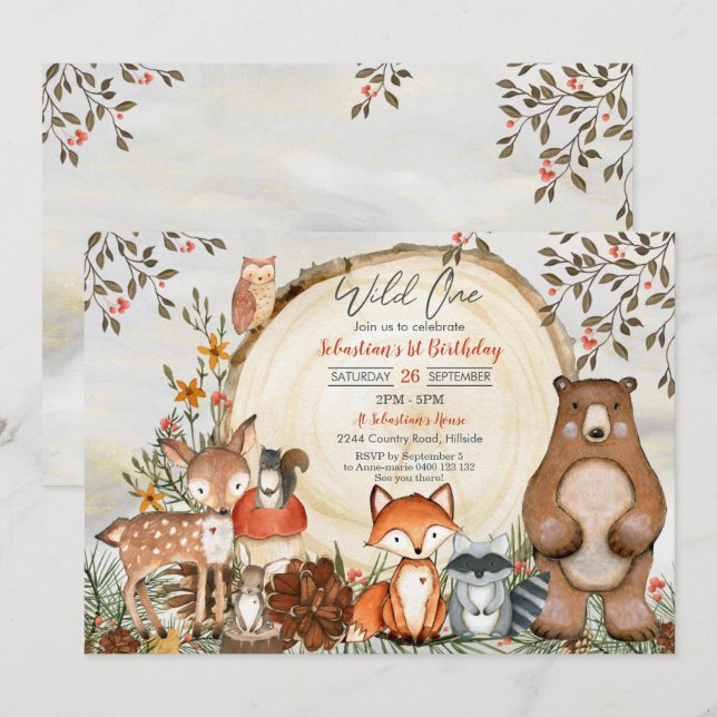 Woodland 1er anniversaire Invitation Boy Wild One (Devant / Derrière)