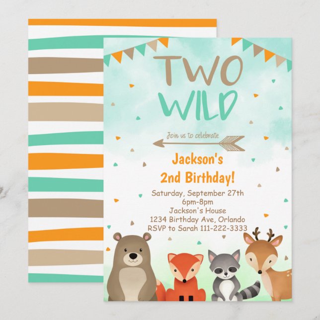 Woodland 2nd Birthday Invitation, Two Wild Invite Einladung (Vorne/Hinten)