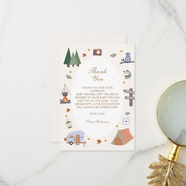 Woodland Adventure erwartet Camping Baby Shower Dankeskarte (Vorderseite/Rückseite Beispiel)