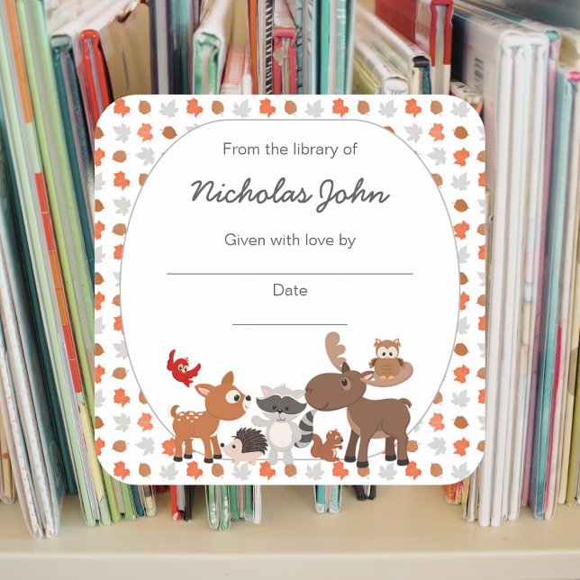 Woodland Animal Baby Dusche Buchzeichen Quadratischer Aufkleber (Von Creator hochgeladen)