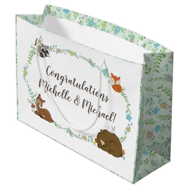 Woodland Animal Baby Dusche Große Geschenktüte (Rückseite Schrägansicht)