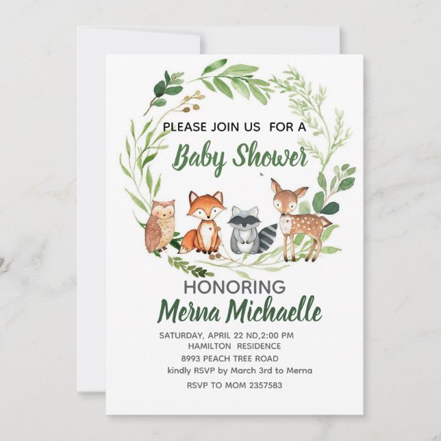 woodland animal  baby shower invitation (Devant)