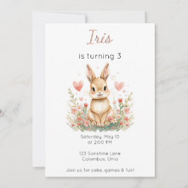 Woodland Animal Birthday Bunny Pink Hearts Floral Einladung