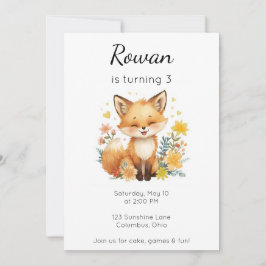 Woodland Animal Birthday Fox Yellow Hearts Floral Einladung