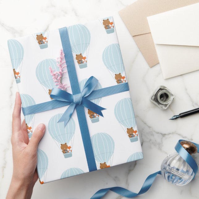 Woodland Animal Blue Heißluftballon Geschenkpapier (Schenken)