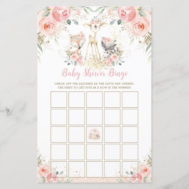 Woodland Animal Blush Bloral Baby Dusche Bingo (Vorderseite)