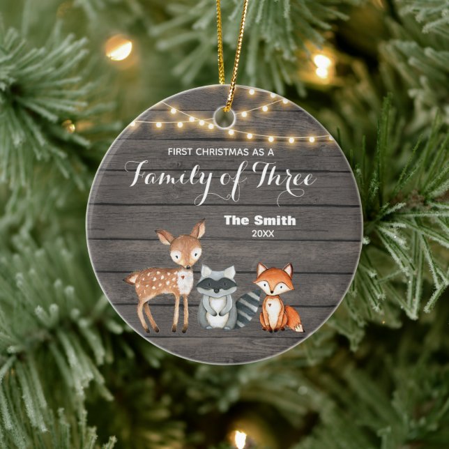 Woodland Animal First Christmas als Familie von 3 Keramik Ornament (Baum)