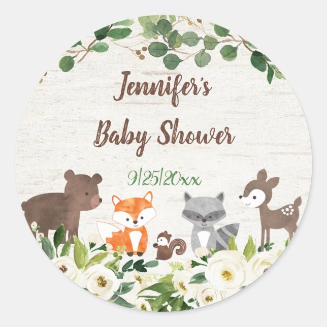 Woodland Animal Floral Baby Dusche Runder Aufkleber (Vorderseite)