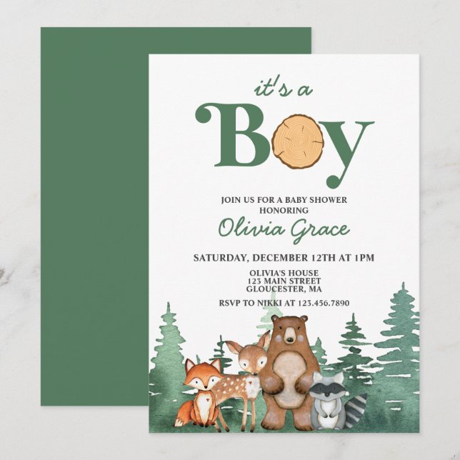Woodland Animal Forrest Boy Babydusche Einladung (Vorne/Hinten)