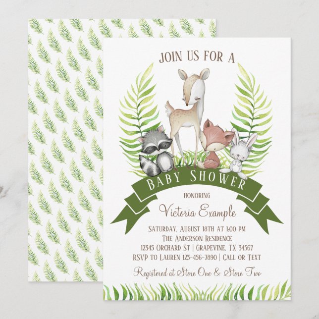 Woodland Animal Greenerity Boy Baby Shower Einladung (Vorne/Hinten)