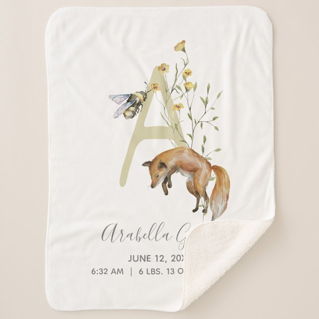 Woodland Animal Letter A Baby Script Birth Stats Sherpadecke (Easily personalize this monogram baby stats blanket for a newborn gift she'll treasure!)