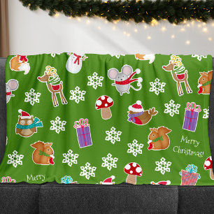 Woodland Animal Muster Grün Frohe Weihnachten Fleecedecke