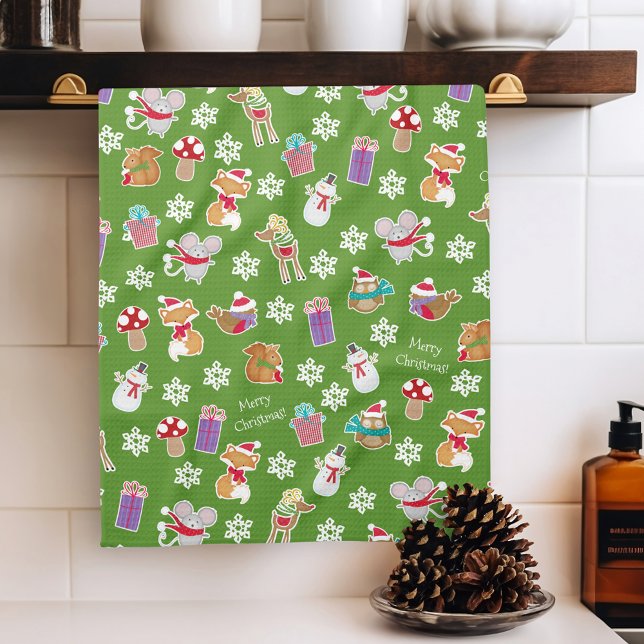Woodland Animal Muster Grün Frohe Weihnachten Geschirrtuch (Von Creator hochgeladen)