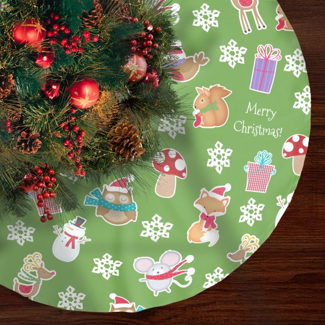Woodland Animal Muster Grün Frohe Weihnachten Polyester Weihnachtsbaumdecke (Von Creator hochgeladen)