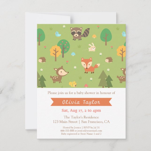 Woodland Animal Muster Kinderdusche Einladungen (Vorderseite)