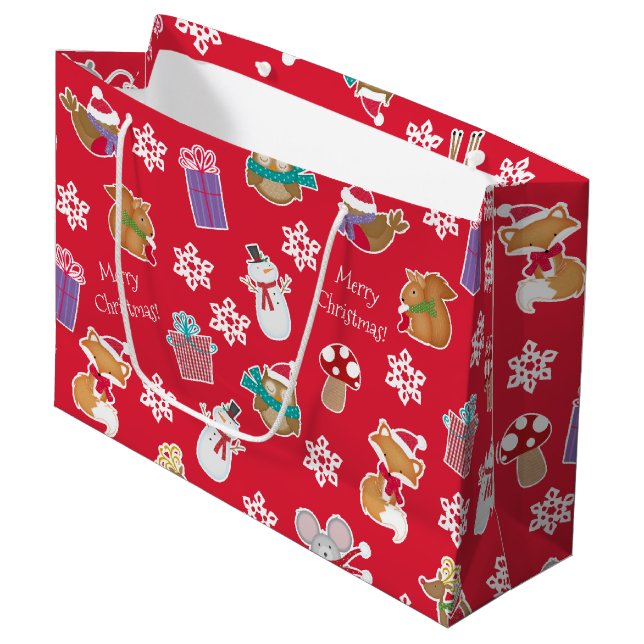 Woodland Animal Pattern Red Frohe Weihnachten Große Geschenktüte (Vorderseite Schrägansicht)