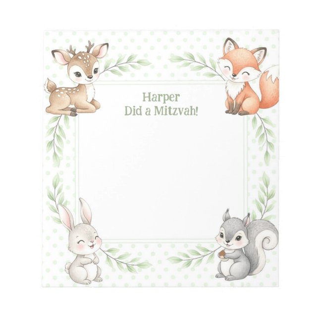 Woodland Animal Personalisiert Mitzvah Notes Notep Notizblock (Vorderseite)