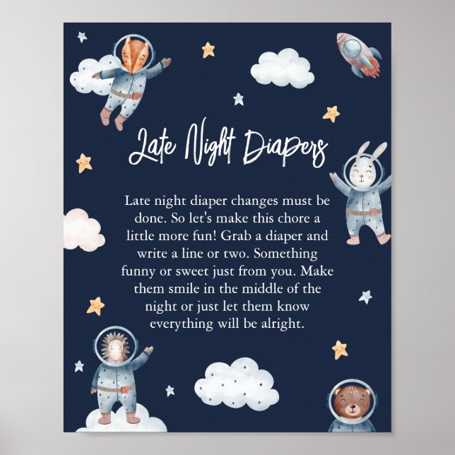 Woodland Animal Space Baby 'Late Night Diaper' Poster (Vorne)