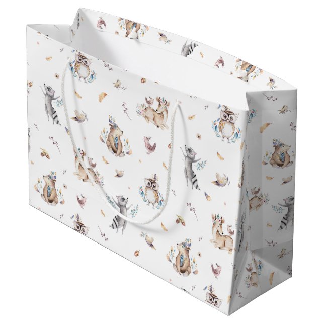 Woodland Animal Tribal Baby Dusche Große Geschenktüte (Rückseite Schrägansicht)