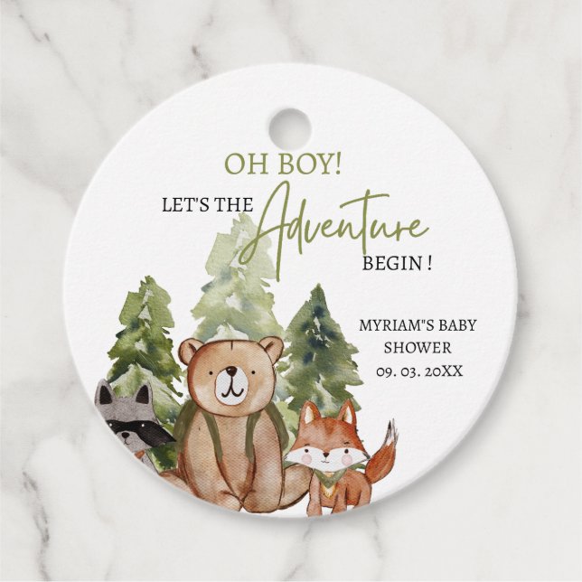 Woodland Animals Adventure Baby Dusche Geschenkanhänger (Vorderseite)