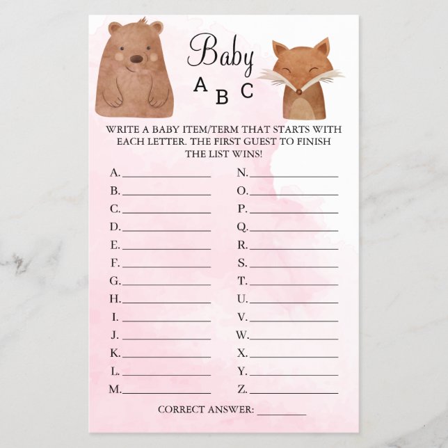 Woodland Animals Baby ABC Duschspielkarte Flyer (Vorne)