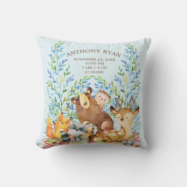Woodland Animals Baby Birth Stats Coussin (Recto)