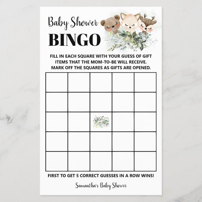 Woodland Animals Baby Dusche Bingo Game Card Flyer (Vorne)