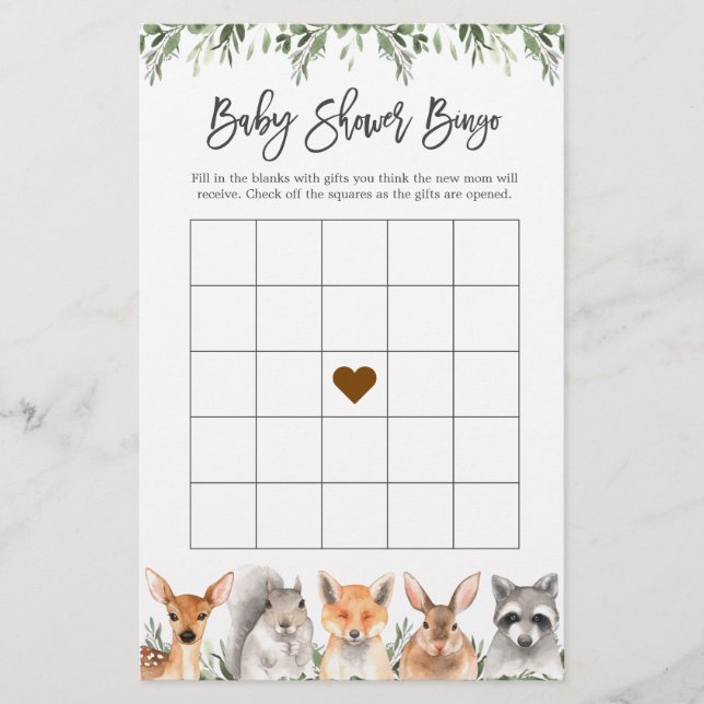 Woodland Animals Baby Dusche Bingo Spiel (Vorderseite)