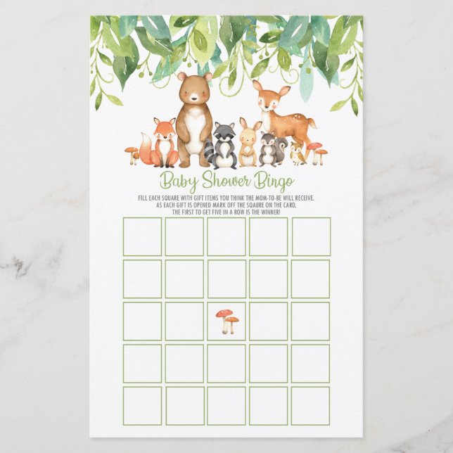 Woodland Animals Baby Dusche Bingo Spiel Aktivität (Vorderseite)