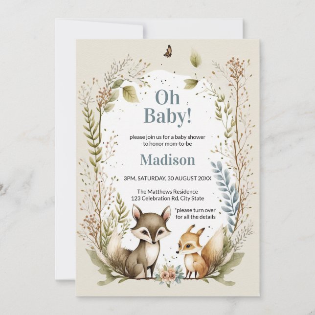 Woodland Animals Baby-Dusche einladen Wasserfarbe Einladung (Vorderseite)