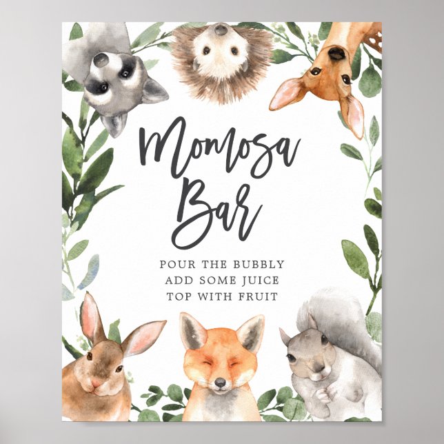 Woodland Animals Baby Dusche Mimosa Bar Zeichen Poster (Vorne)