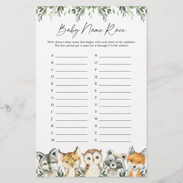 Woodland Animals Baby Dusche Name Rennspiel (Vorderseite)