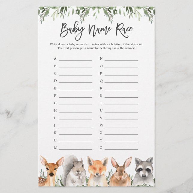 Woodland Animals Baby Dusche Name Rennspiel (Vorderseite)