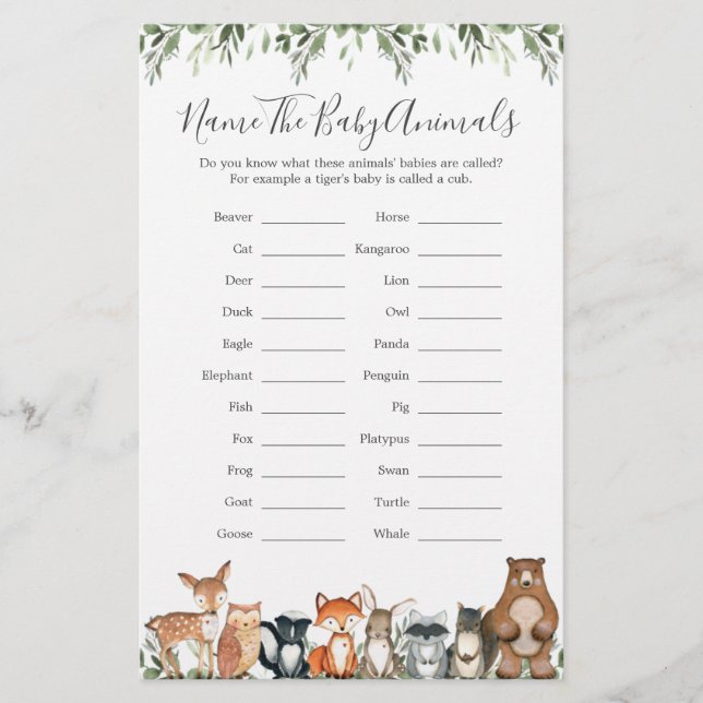 Woodland Animals Baby Dusche Name The Baby Animals (Vorderseite)