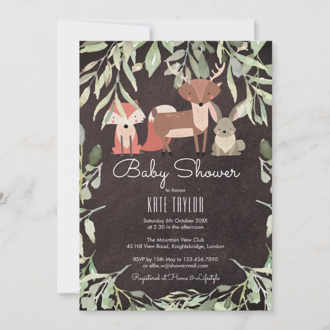 Woodland Animals Baby Duschkabine Einladung (Vorderseite)