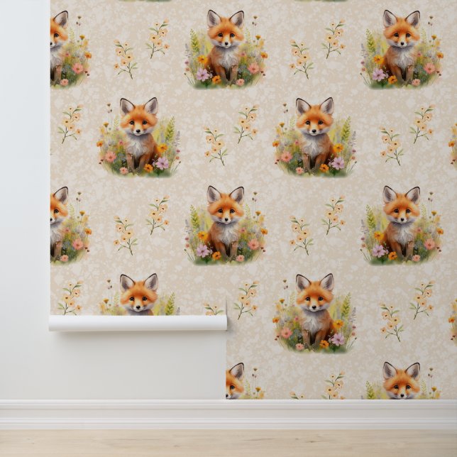 Woodland Animals Baby Fox Wilde Blume auf Creme Tapete (Anwendung)