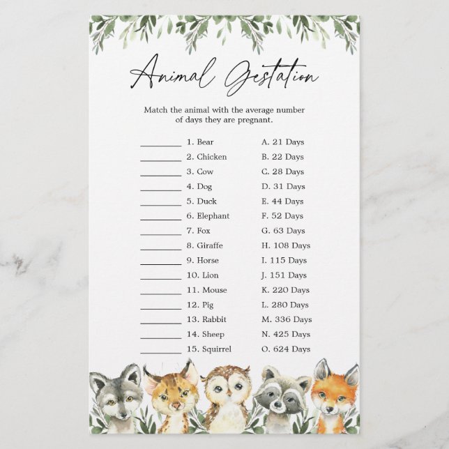 Woodland Animals Baby Shower Animal Gestation Game (Vorderseite)