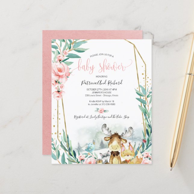 Woodland Animals Baby Shower Budget Einladungen (Vorderseite/Rückseite Beispiel)