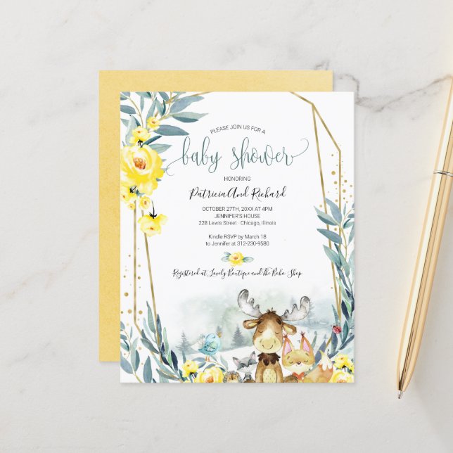 Woodland Animals Baby Shower Budget Einladungen (Vorderseite/Rückseite Beispiel)