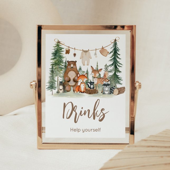 Woodland Animals Baby Shower Drinks Sign Poster (Woodland Animals Adventure Awaits Rustic Baby Shower Sign)