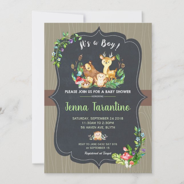 Woodland Animals Baby Shower Einladung Junge (Vorderseite)