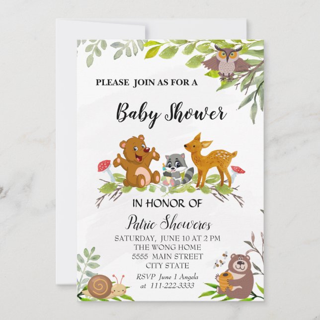 Woodland Animals Baby Shower Einladungskarte (Vorderseite)