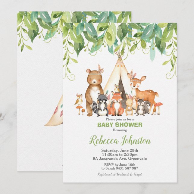 Woodland Animals Baby Shower Forest Grüne Junge Einladung (Vorne/Hinten)