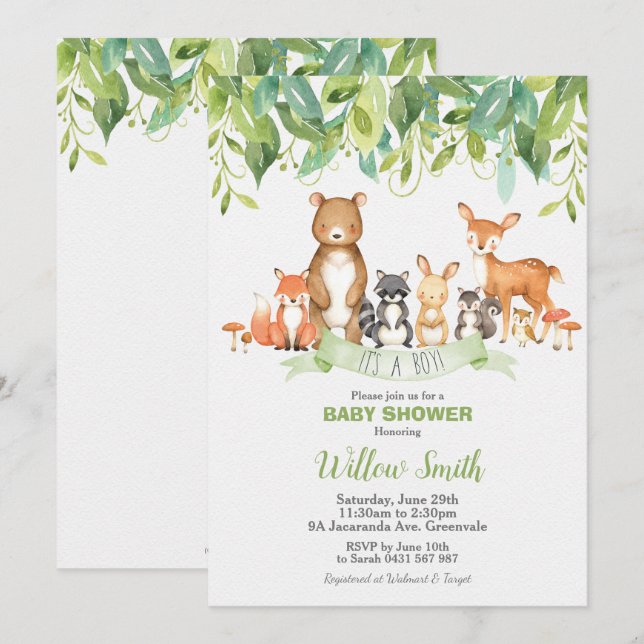 Woodland Animals Baby Shower Forest Grüne Junge Einladung (Vorne/Hinten)