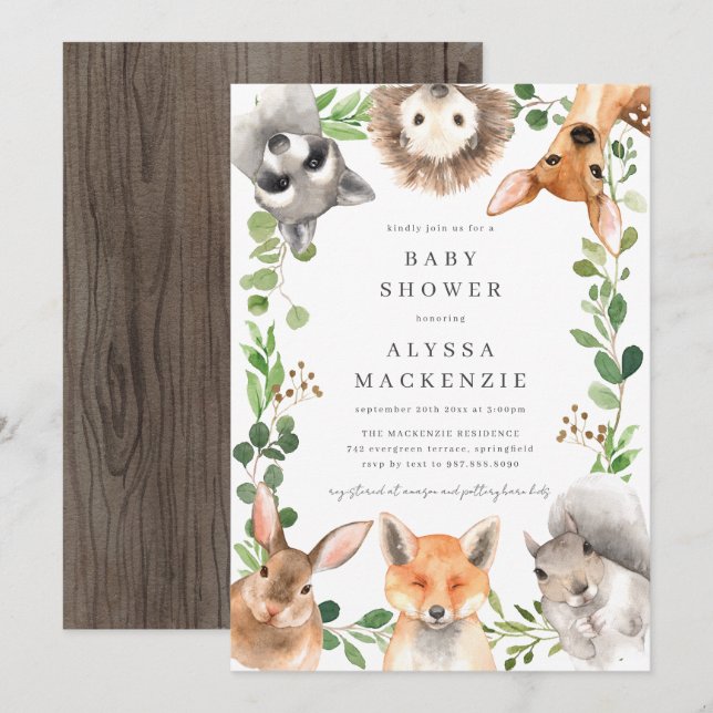 Woodland Animals Baby Shower Invitation Einladung (Vorne/Hinten)